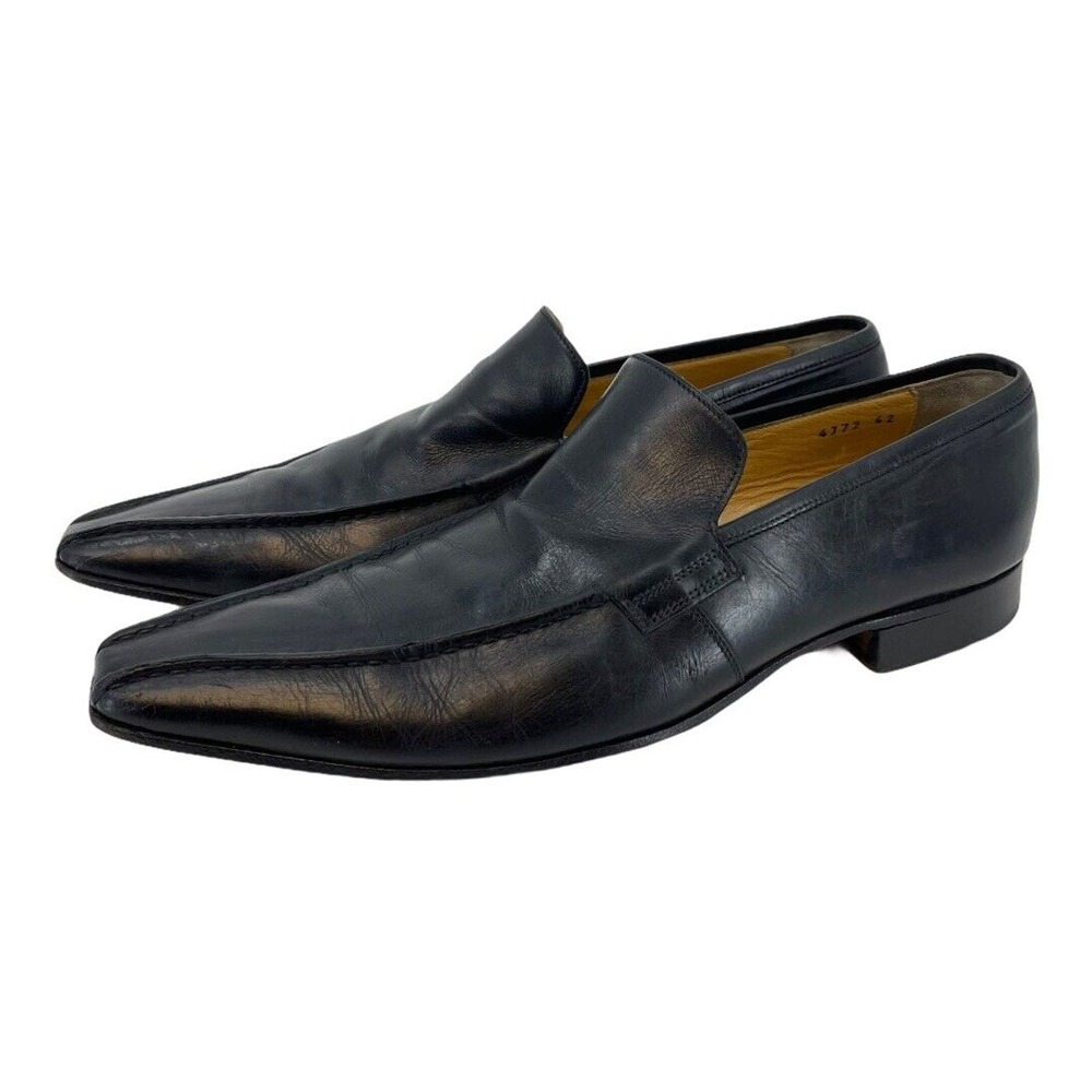 Battaglia Men’s US 9 EUR 42 Black Italian Leather Square Toe Slip On Dress Shoes